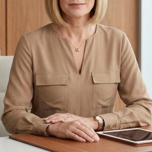 J Jill Tan 100% Silk V Neck Long Sleeve Blouse Size Medium